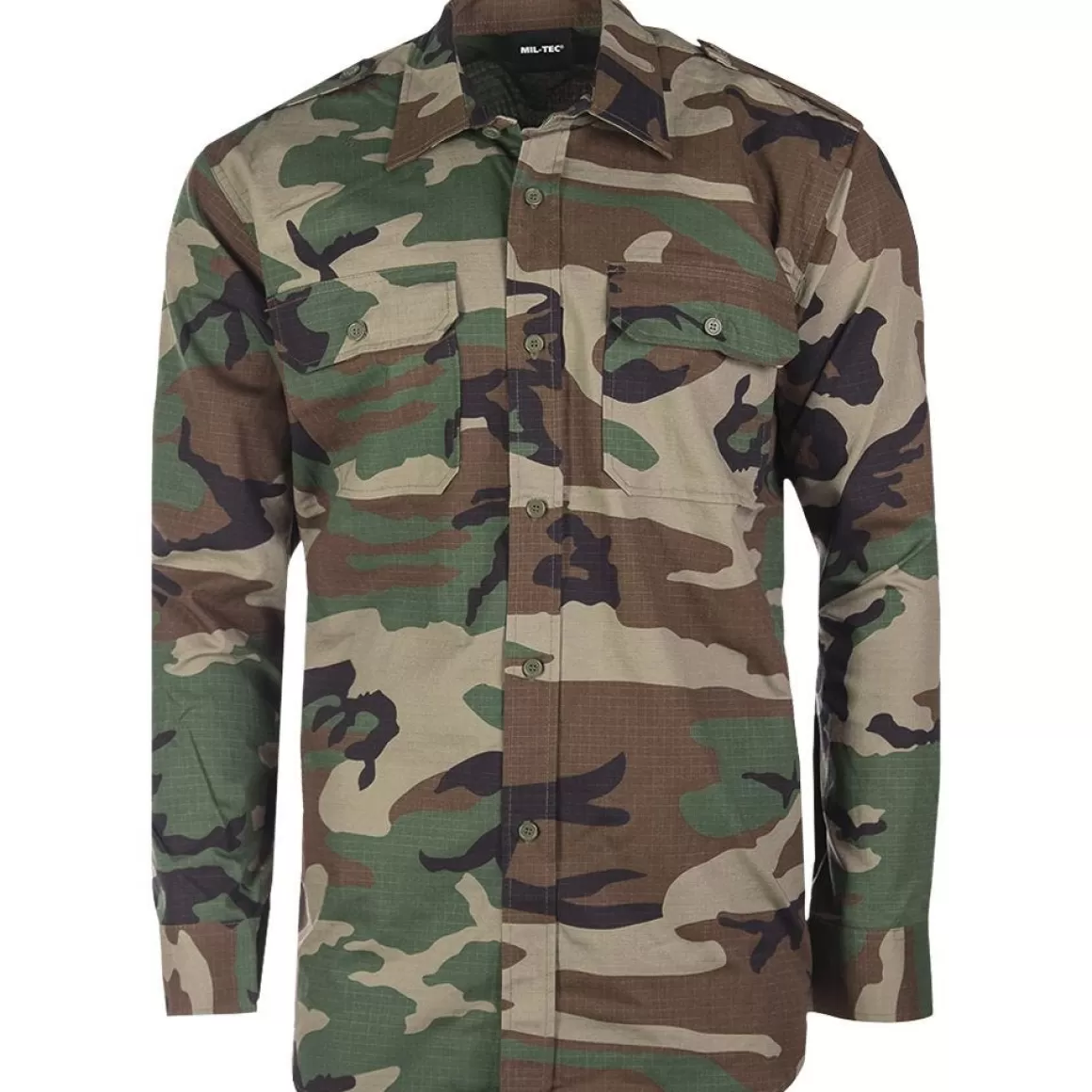 Wisport Shirts>Mil-Tec Ripstop Shirt Long Sleeve Woodland